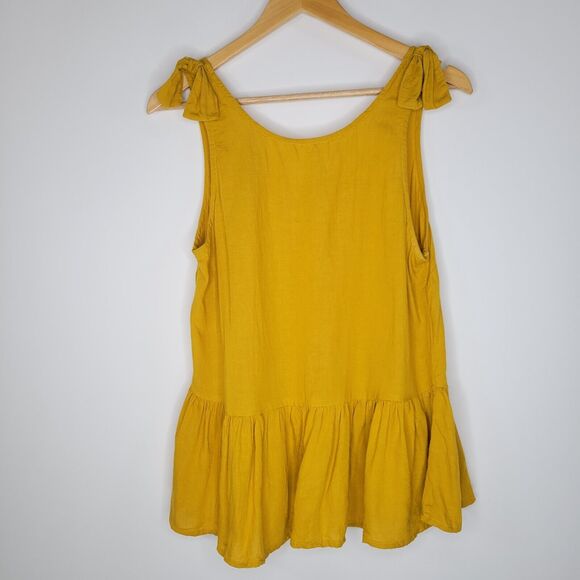 Babydoll Mustard Yellow Top Size M Ruffle Linen Blend Shoulder Bows Sleeveless - Picture 4 of 11